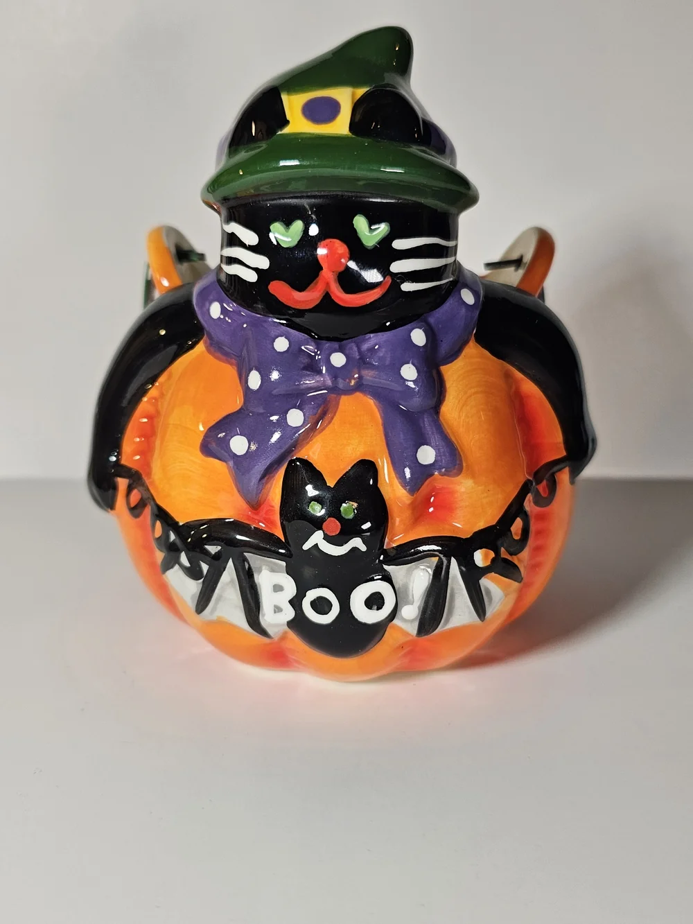 Halloween Black Cat Pumpkin Small Ceramic Candy Bucket Treat Pail BOO Decor